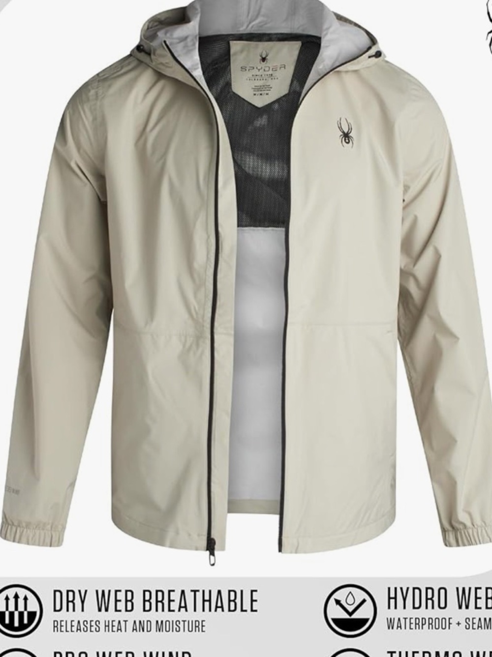 NWT Spyder Medium Waterproof Rain Jacket Hooded Lightweight Shell Gray OMSP545